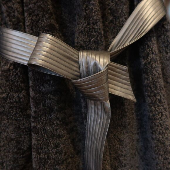 FRYE sherpa teddy long coat black faux fur belted lapel winter pockets small - Picture 4 of 9